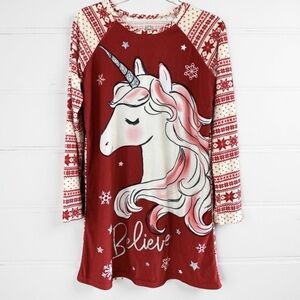 🫟🫟 Girls Nightgown Soft & Cozy Red Unicorn Believe